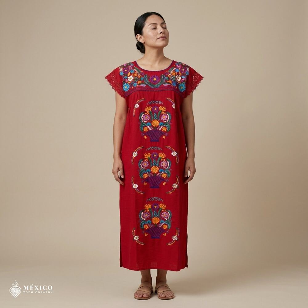Mexican Embroidered Manta Maxi Dress – Handmade Cotton Floral Artisan Gown (M)